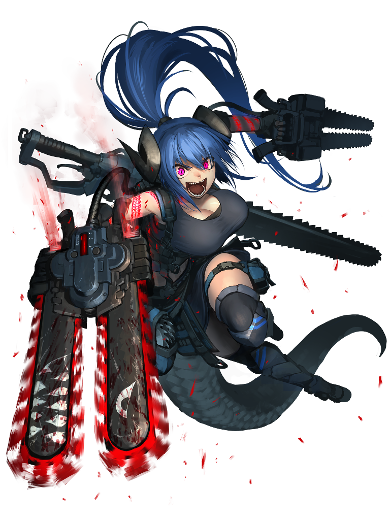 1girl black_skirt black_tank_top blue_hair boots breasts chain_paradox chainsword dual_wielding full_body hetza_(hellshock) holding horns knee_boots large_breasts lizard_tail long_hair looking_at_viewer open_mouth pink_eyes ponytail sharp_teeth shouting skirt solo tail tank_top teeth thigh-highs transparent_background very_long_hair