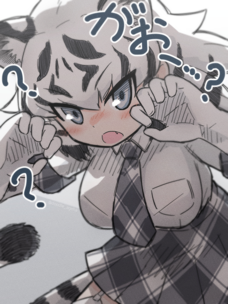 animal_ears animal_print black_gloves black_hair blush breast_pocket claw_pose close-up collared_shirt commentary_request da_(bobafett) elbow_gloves fang garter_straps gloves grey_necktie grey_skirt kemono_friends multicolored_hair necktie open_mouth plaid plaid_necktie plaid_skirt pleated_skirt pocket print_gloves shirt short_hair skirt tail thigh-highs tiger_ears tiger_girl tiger_print tiger_tail translation_request two-tone_gloves two-tone_hair white_gloves white_hair white_shirt white_tiger_(kemono_friends) zettai_ryouiki