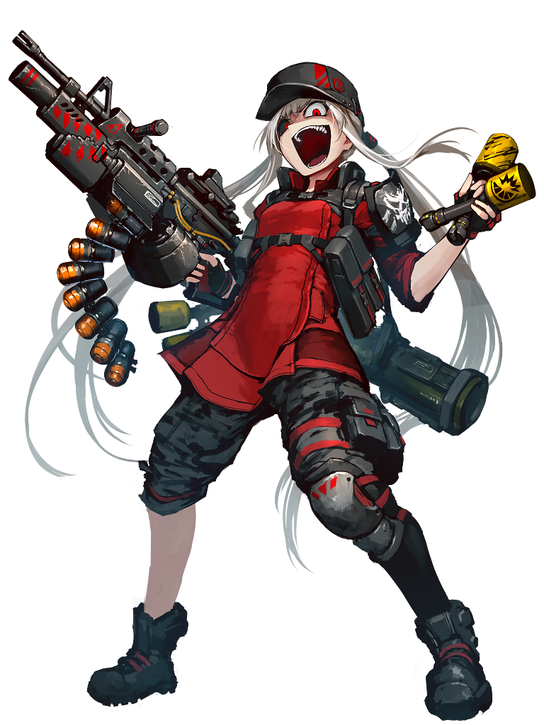 1girl ammunition_belt armor asymmetrical_legwear black_footwear black_headwear black_sclera black_shorts boots breasts camouflage camouflage_shorts colored_sclera dairoku_ryouhei fingerless_gloves full_body gloves grenade_launcher gun hat hetza_(hellshock) holding holding_weapon knee_pads long_hair machine_gun mismatched_sclera open_mouth red_eyes red_gloves red_shirt rocket_launcher shirt shorts shoulder_armor sidelocks sleeves_rolled_up small_breasts smile solo standing stick_grenade teeth transparent_background twintails very_long_hair weapon white_hair