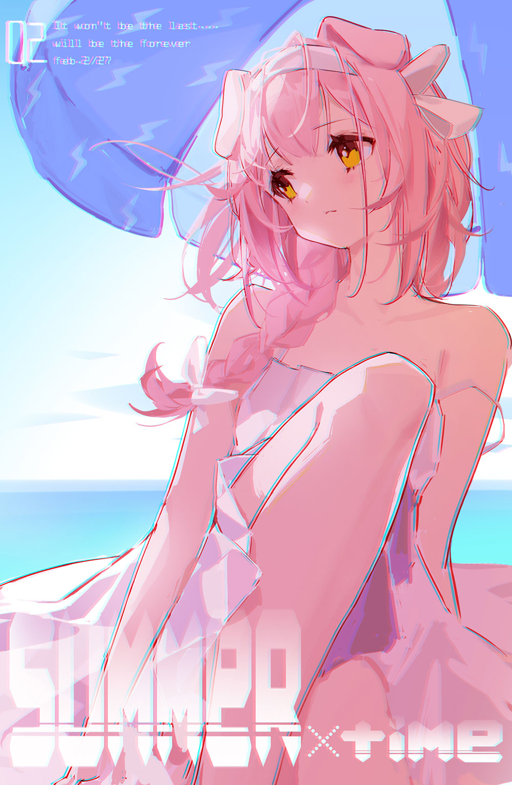 1girl animal_ears arknights bangs bare_arms bare_shoulders beach_umbrella blue_sky braid brown_eyes cat_ears closed_mouth commentary_request day dress english_text eyebrows_visible_through_hair goldenglow_(arknights) hair_over_shoulder hairband head_tilt highres horizon knee_up long_hair looking_away looking_to_the_side ocean outdoors pink_hair single_braid sitting sky sleeveless sleeveless_dress solo stevendraco strap_slip umbrella water white_dress white_hairband