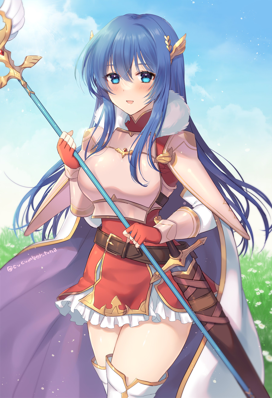 1girl :d armor awayuki_ramika belt blue_eyes blue_hair blue_sky blush boots breastplate caeda_(fire_emblem) clouds dress fingerless_gloves fire_emblem fire_emblem:_mystery_of_the_emblem fire_emblem_heroes gloves hair_ornament highres holding holding_polearm holding_weapon long_hair official_alternate_costume open_mouth outdoors pegasus_knight_uniform_(fire_emblem) polearm red_dress red_gloves sheath sheathed short_dress shoulder_armor sky smile solo spear sword thigh-highs thigh_boots twitter_username weapon white_footwear white_legwear zettai_ryouiki