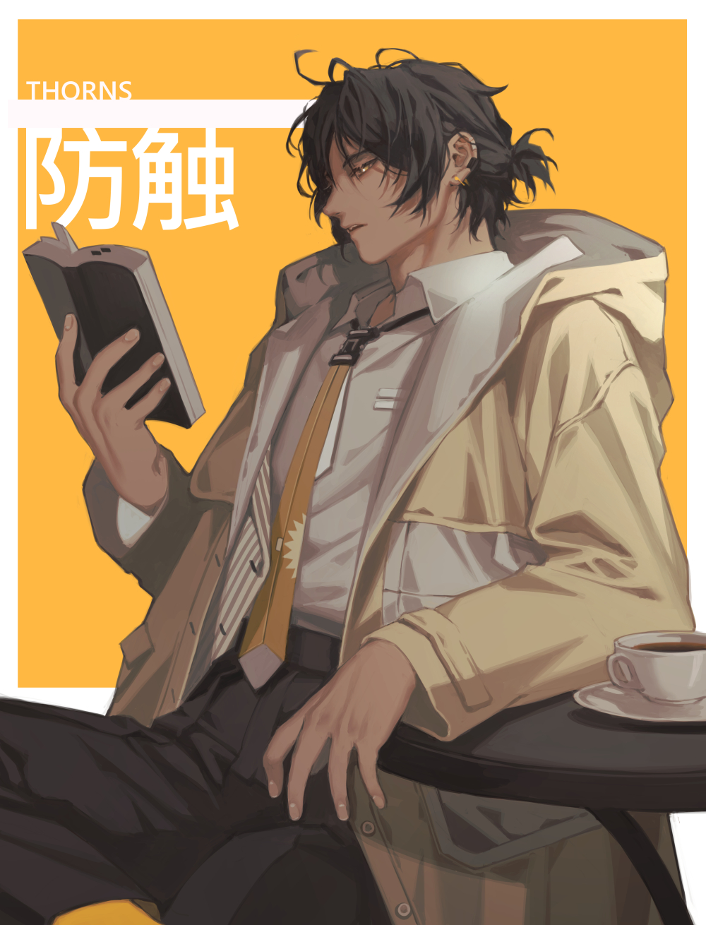 1boy alternate_costume arknights arm_rest bangs black_hair black_pants book character_name coat cup dark-skinned_male dark_skin earclip highres holding holding_book jewelry long_sleeves male_focus manjyufroth mixed-language_commentary necktie open_clothes open_coat pants parted_lips ponytail reading shirt short_ponytail simple_background solo table thorns_(arknights) two-tone_background white_shirt yellow_eyes yellow_necktie