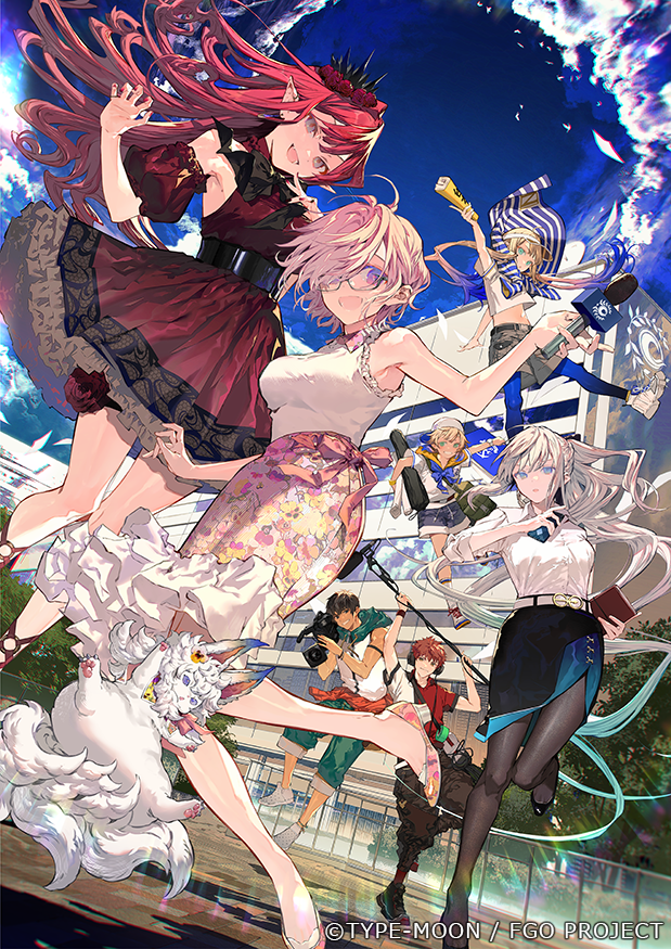 3girls 4boys arash_(fate) bangs bare_shoulders black_legwear black_skirt blue_sky blush breasts captain_nemo_(fate) collared_shirt dress dress_shirt earrings emiya_shirou fairy_knight_tristan_(fate) fangs fate/grand_order fate/prototype fate/prototype:_fragments_of_blue_and_silver fate_(series) floral_print fou_(fate) grey_eyes hair_over_one_eye jewelry large_breasts light_purple_hair long_hair long_sleeves looking_at_viewer marine_nemo_(fate) mash_kyrielight morgan_le_fay_(fate) multiple_boys multiple_girls nemo_(fate) nozaki_tsubata official_art open_mouth pantyhose pencil_skirt pink_hair pink_skirt pointy_ears red_dress senji_muramasa_(fate) shirt short_hair sidelocks skirt sky sleeveless sleeveless_shirt smile thighs tiara violet_eyes white_shirt