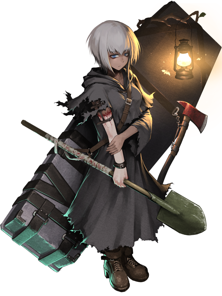 1girl axe bags_under_eyes bandages blood blue_eyes boots brown_footwear bug closed_mouth coffin dairoku_ryouhei dark_skin fire_axe full_body grey_cloak hetza_(hellshock) holding_own_arm lantern looking_at_viewer moth patchwork_skin short_hair shovel solo stitches transparent_background white_hair