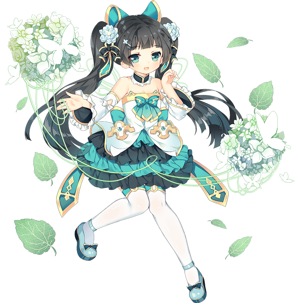 1girl ark_order bangs bare_shoulders black_bow black_hair blue_bow blue_footwear bow bug butterfly butterfly_wings detached_collar detached_sleeves dress energy_wings flat_chest flower footwear_bow frilled_sleeves frills full_body gold_trim green_bow green_dress green_eyes green_wings hair_bow hair_flower hair_ornament hairclip leaf leizu_(ark_order) long_hair long_sleeves multicolored_clothes multicolored_dress official_art shoes solo sparkle tachi-e thigh-highs transparent_background tsukimi_(xiaohuasan) twintails very_long_hair white_bow white_dress white_flower white_legwear wings