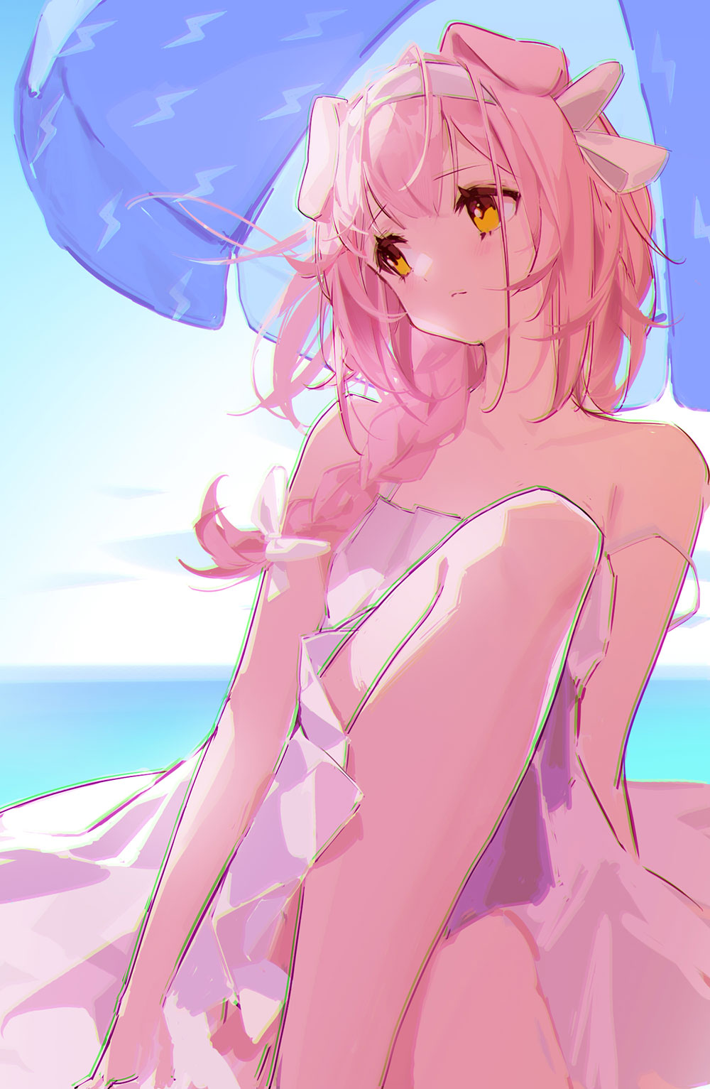 1girl animal_ears arknights bangs bare_arms bare_shoulders beach_umbrella blue_sky braid brown_eyes cat_ears closed_mouth day dress eyebrows_visible_through_hair goldenglow_(arknights) hair_over_shoulder hairband head_tilt highres horizon knee_up long_hair looking_away looking_to_the_side ocean outdoors pink_hair single_braid sitting sky sleeveless sleeveless_dress solo stevendraco strap_slip umbrella water white_dress white_hairband