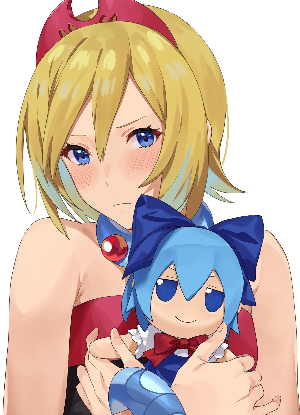 arm_wrap blonde_hair blue_eyes character_doll cirno crossover doll fumo_(doll) hairband highres holding holding_doll irida_(pokemon) jewelry kamu_(kamuuei) neck_ring red_hairband red_shirt shirt strapless strapless_shirt touhou