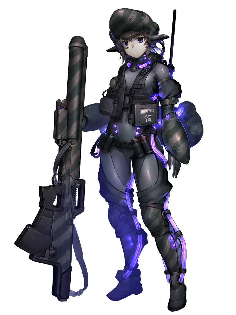 1girl anti-materiel_rifle barcode barcode_tattoo belt black_hair bodysuit camouflage chain_paradox closed_mouth covered_navel facial_tattoo full_body glowing gun headgear hetza_(hellshock) holding holding_weapon looking_at_viewer rifle science_fiction sniper_rifle solo standing tattoo transparent_background vest violet_eyes weapon