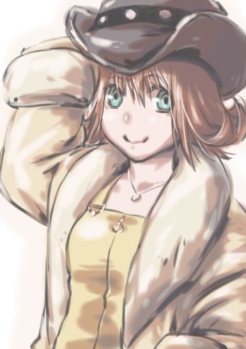 1girl breasts brown_hair closed_mouth cowboy_hat final_fantasy final_fantasy_viii flipped_hair hat jacket jewelry looking_at_viewer lowres necklace selphie_tilmitt short_hair simple_background smile solo white_background yellow_overalls