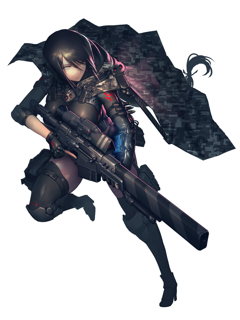 1girl belt black_gloves black_hair boots breasts camouflage camouflage_cloak cartridge chain_paradox cloak fingerless_gloves full_body gloves gun hetza_(hellshock) high_heels holding holding_weapon knee_boots large_breasts leotard long_hair rifle running science_fiction sniper_rifle solo thigh-highs transparent_background very_long_hair weapon yellow_eyes
