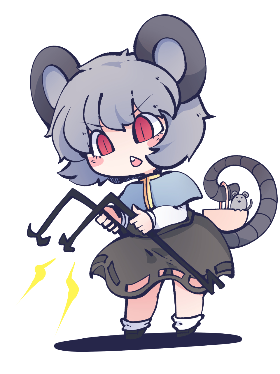1girl animal_ears bangs basket black_footwear blue_capelet capelet dowsing_rod dress eyebrows_visible_through_hair fried_rice0614 full_body grey_dress grey_hair highres holding jewelry lightning_bolt_symbol long_sleeves mouse mouse_ears mouse_girl mouse_tail nazrin one-hour_drawing_challenge open_mouth pendant red_eyes short_hair simple_background standing tail touhou triangle_mouth upper_body v-shaped_eyebrows white_background white_legwear