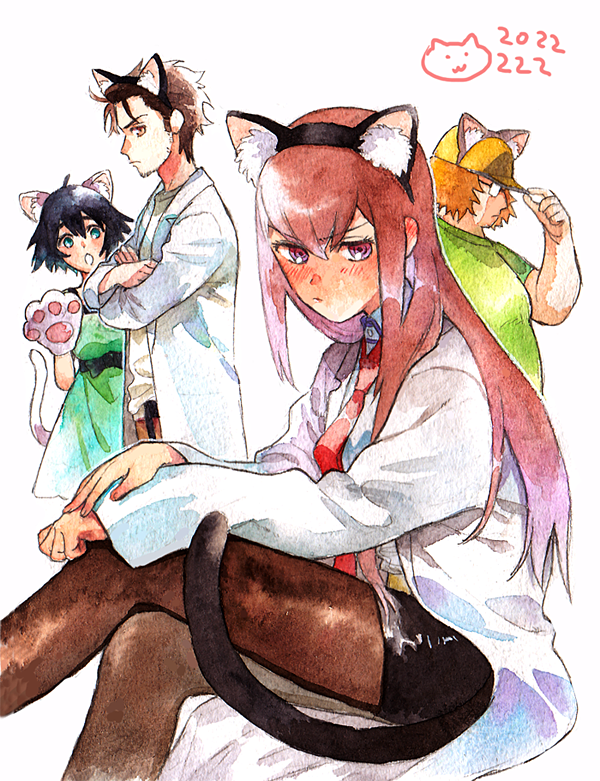 &gt;:( 2boys 2girls animal_ears baseball_cap belt black_hair black_legwear black_shorts blue_eyes blush brown_hair cat_ears cat_tail commentary_request dated dress dress_shirt glasses green_shirt hashida_itaru hat labcoat long_hair makise_kurisu multiple_boys multiple_girls necktie okabe_rintarou pantyhose red_necktie red_neckwear redhead rocni shiina_mayuri shirt short_hair shorts simple_background steins;gate tail v-shaped_eyebrows violet_eyes white_background white_shirt yellow_eyes