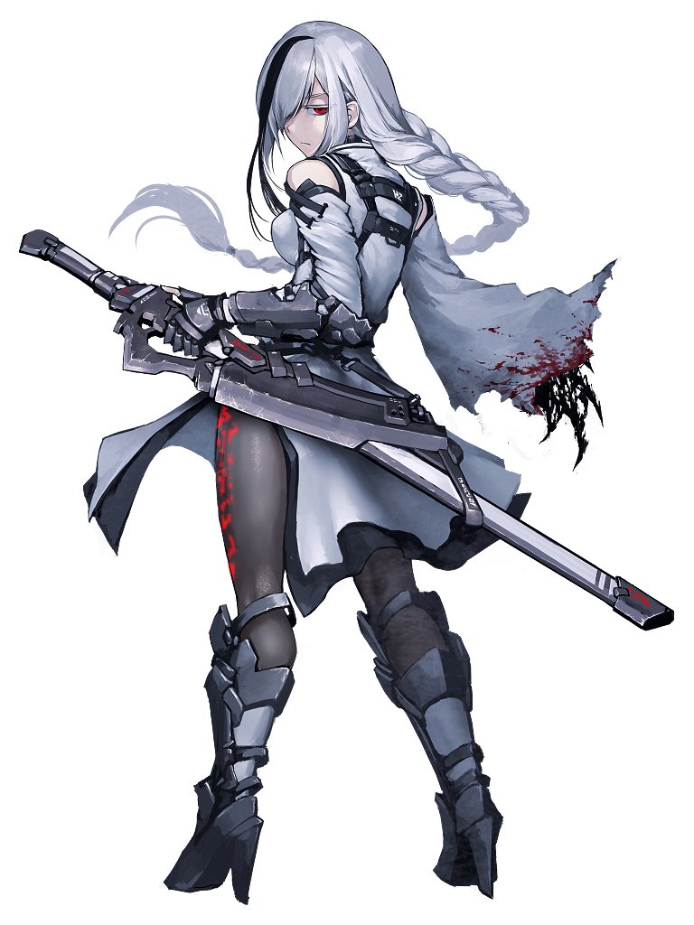 1girl arm_armor black_legwear blood blood_on_clothes boots braid breasts closed_mouth dairoku_ryouhei detached_sleeves dress from_behind frown full_body grey_footwear grey_hair hair_over_one_eye hetza_(hellshock) high_heels holding holding_weapon leg_armor long_hair looking_at_viewer medium_breasts multicolored_hair pantyhose red_eyes sheath sheathed side_slit single_braid solo standing streaked_hair sword torn_clothes transparent_background very_long_hair weapon white_dress