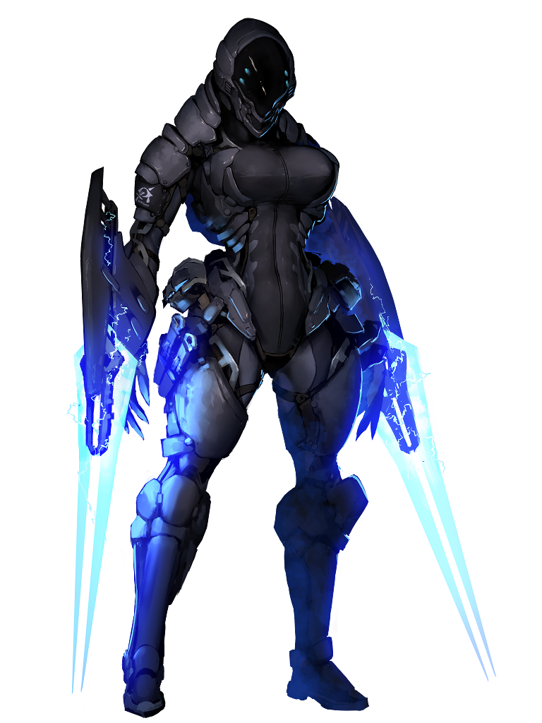 1girl arm_blade bodysuit breasts chain_paradox covered_navel energy_blade full_body helm helmet hetza_(hellshock) large_breasts power_armor science_fiction solo tight transparent_background weapon
