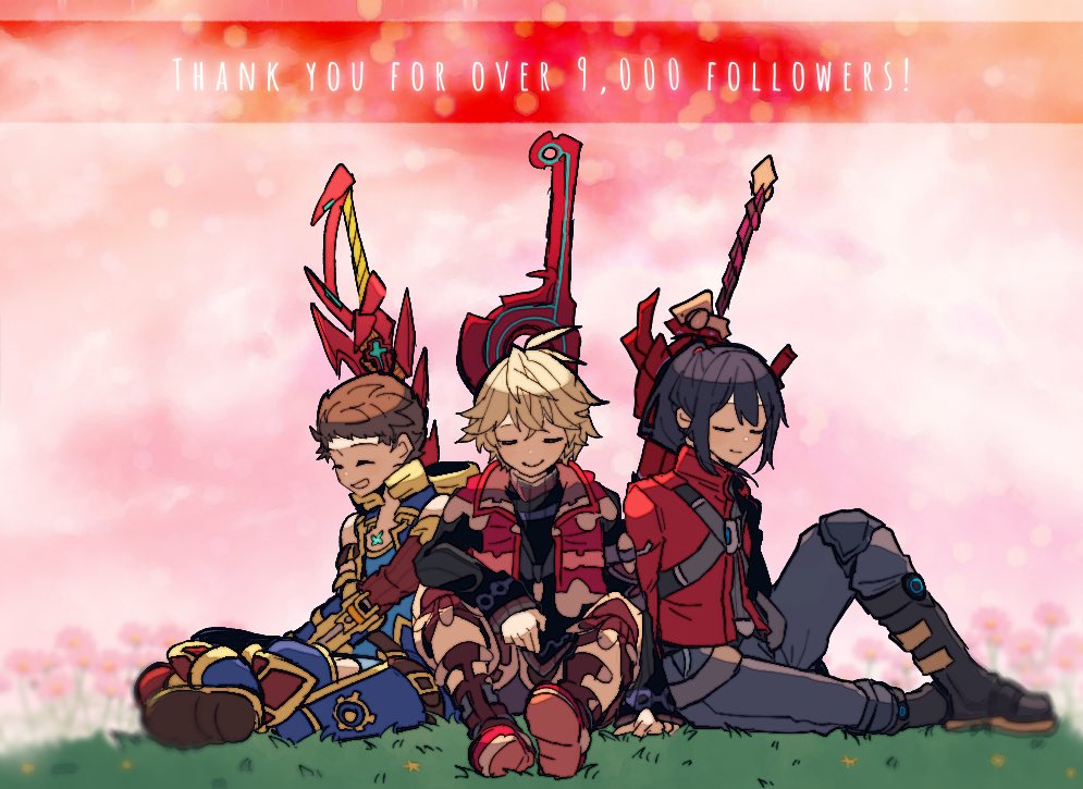 3boys aegis_sword_(xenoblade) back-to-back boots closed_eyes english_text full_body grass jacket milestone_celebration monado mugimugis multiple_boys noah_(xenoblade) pants pink_sky red_jacket red_vest rex_(xenoblade) shulk_(xenoblade) sitting sword vest weapon weapon_on_back xenoblade_chronicles xenoblade_chronicles_(series) xenoblade_chronicles_2 xenoblade_chronicles_3