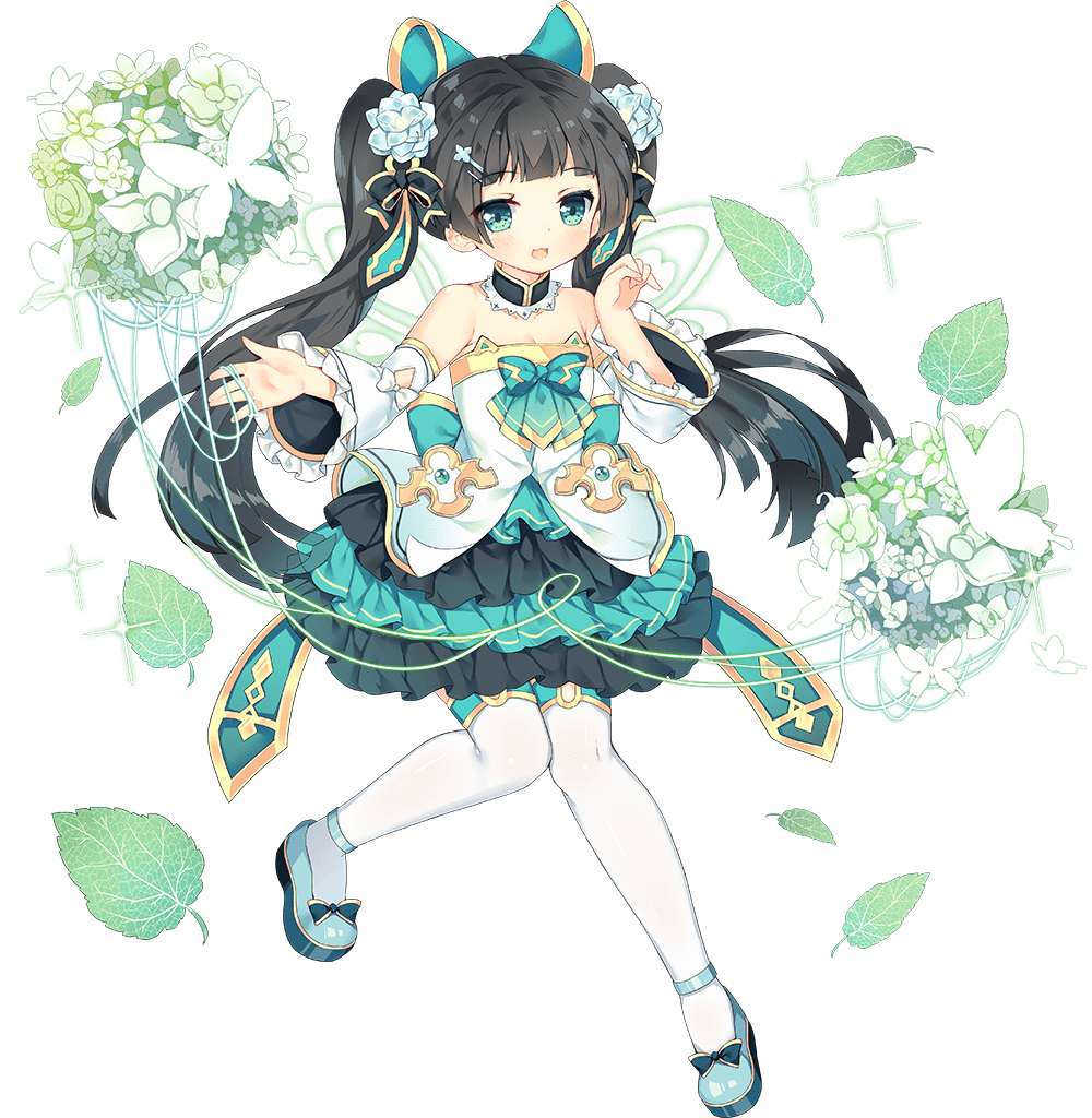 1girl ark_order bangs bare_shoulders black_bow black_hair blue_bow blue_footwear bow bug butterfly butterfly_wings detached_collar detached_sleeves dress energy_wings flat_chest flower footwear_bow frilled_sleeves frills full_body gold_trim green_bow green_dress green_eyes green_wings hair_bow hair_flower hair_ornament hairclip leaf leizu_(ark_order) long_hair long_sleeves multicolored_clothes multicolored_dress official_art shoes solo sparkle tachi-e thigh-highs transparent_background tsukimi_(xiaohuasan) twintails very_long_hair white_bow white_dress white_flower white_legwear wings