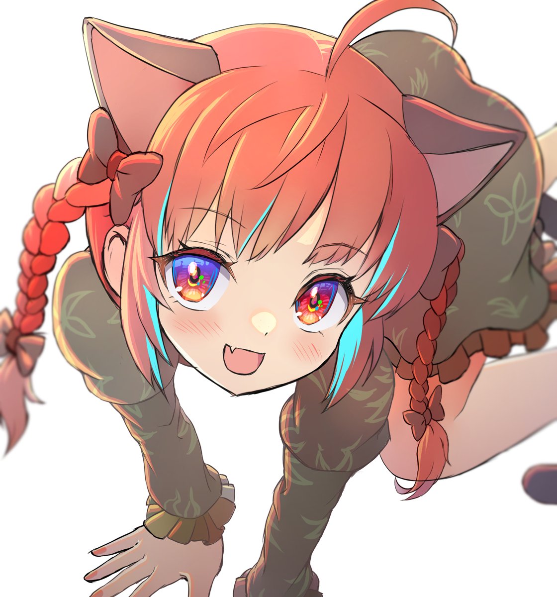 1girl :d ahoge all_fours animal_ears ass bangs black_bow blurry blush bow cat_ears cat_tail depth_of_field dress extra_ears eyebrows_visible_through_hair fang feet_out_of_frame foreshortening frills green_dress hair_bow hair_ribbon highres juliet_sleeves kaenbyou_rin long_hair long_sleeves looking_at_viewer multiple_tails nail_polish nekomata open_mouth perspective puffy_sleeves red_eyes red_nails redhead ribbon shiroi_karasu simple_background skin_fang smile solo tail touhou tress_ribbon two_tails violet_eyes white_background