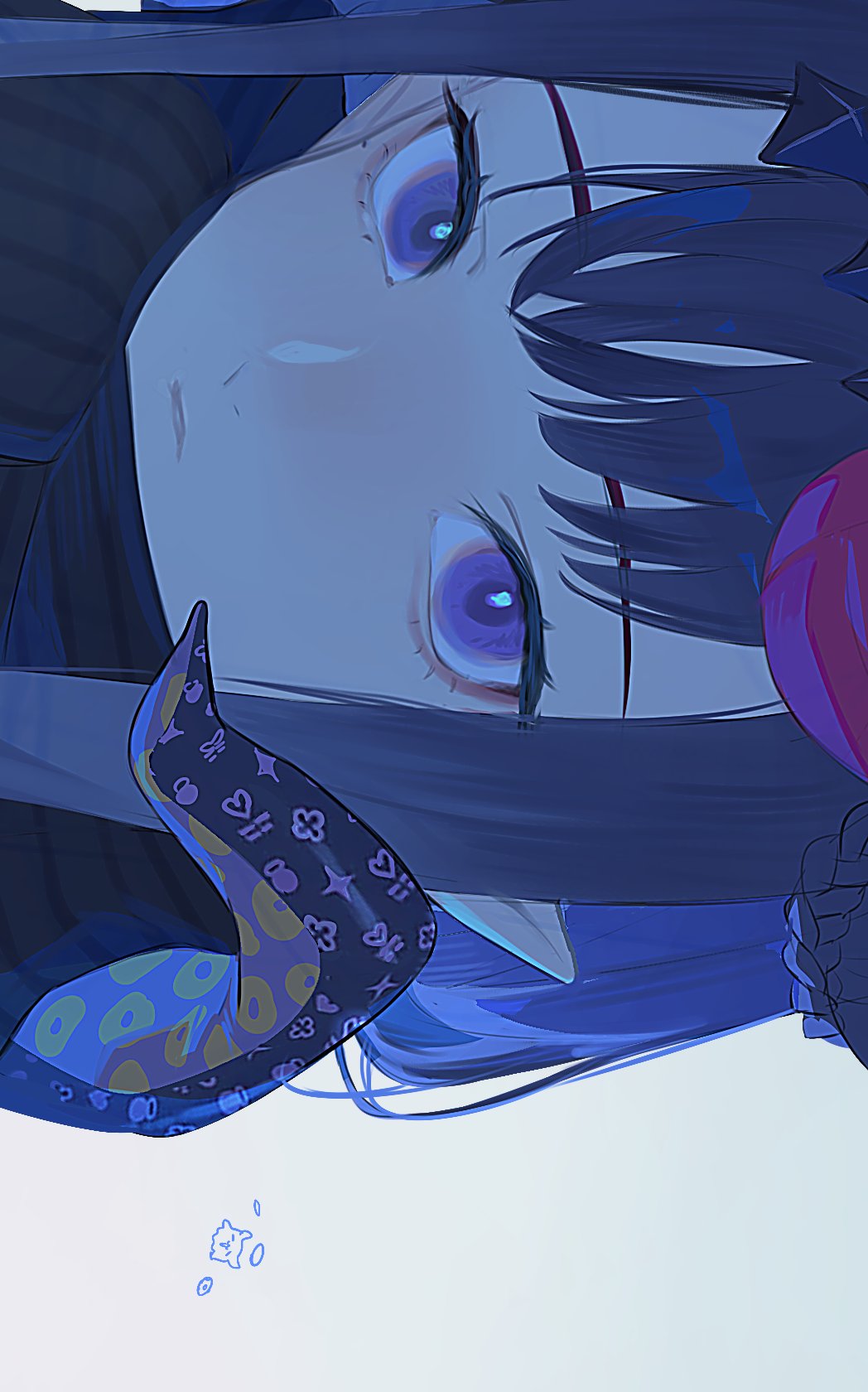 1girl bangs black_scarf blush close-up face hair_ornament highres hololive hololive_english looking_at_viewer ninomae_ina'nis pointy_ears portrait ryuko_lee scarf sidelocks sideways_glance simple_background solo tentacles violet_eyes virtual_youtuber white_background