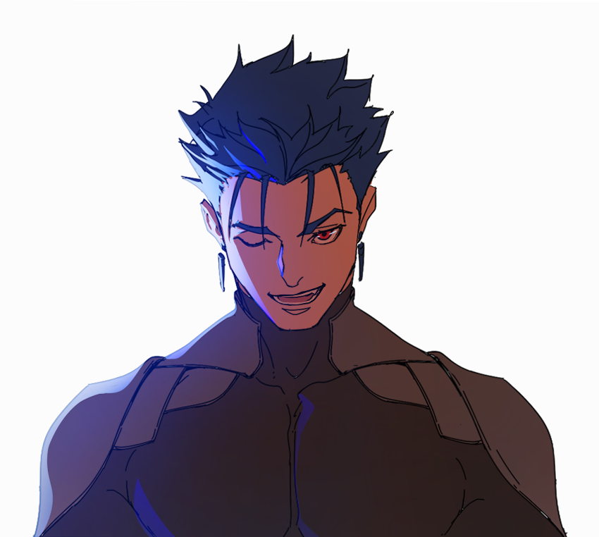 1boy alternate_costume blue_hair close-up collarbone cu_chulainn_(fate) cu_chulainn_(fate/stay_night) earrings fang fate/grand_order fate_(series) grin jewelry long_hair looking_at_viewer lovesheng1314 male_focus muscular muscular_male one_eye_closed open_mouth pectorals red_eyes short_hair simple_background skin_tight smile solo spiky_hair white_background