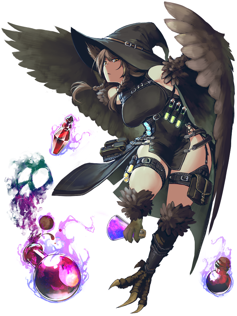 1girl beaker bird_legs black_dress black_headwear bottle braid breasts brown_hair character_request claws dairoku_ryouhei dress feathered_wings full_body harpy hat hetza_(hellshock) holding large_breasts long_hair looking_at_viewer magic monster_girl parted_lips potion pouch sleeveless sleeveless_dress solo test_tube thigh_strap transparent_background twin_braids winged_arms wings witch_hat yellow_eyes