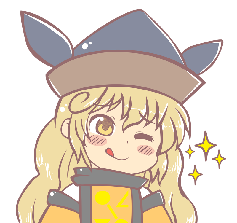 1girl bangs blonde_hair blush brown_headwear cape closed_mouth commentary_request constellation constellation_print detached_sleeves eyebrows_visible_through_hair grey_headwear gyate_gyate hair_between_eyes hat long_hair long_sleeves looking_to_the_side matara_okina one_eye_closed orange_cape shimaya_naokazu shirt simple_background smile solo star_(symbol) tabard tongue tongue_out touhou upper_body wavy_hair white_background white_shirt wide_sleeves yellow_eyes