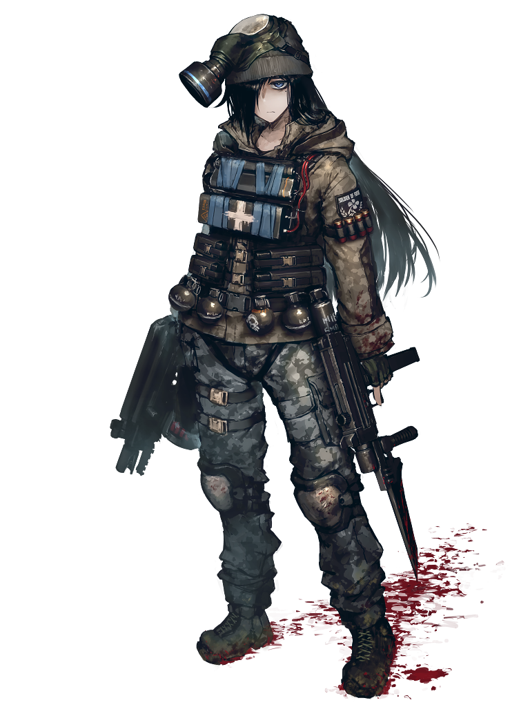 1girl bayonet beanie belt black_hair blood blood_on_clothes blood_splatter blue_eyes boots brown_headwear brown_jacket camouflage camouflage_jacket camouflage_pants character_request closed_mouth dairoku_ryouhei dual_wielding explosive fingerless_gloves full_body gas_mask gloves grenade grey_pants gun hair_over_one_eye hat hetza_(hellshock) holding hood hood_down hooded_jacket jacket knee_pads long_hair long_sleeves looking_at_viewer magazine_(weapon) mask pants shotgun_shell solo standing submachine_gun thigh_strap transparent_background weapon