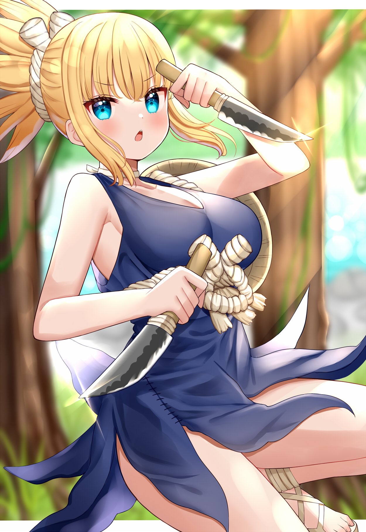 1girl blonde_hair blue_dress blue_eyes blush breasts dr._stone dress eyebrows_visible_through_hair highres holding holding_knife holding_weapon knife kohaku_(dr._stone) large_breasts looking_at_viewer mizukoshi_(marumi) open_mouth ponytail solo tree weapon