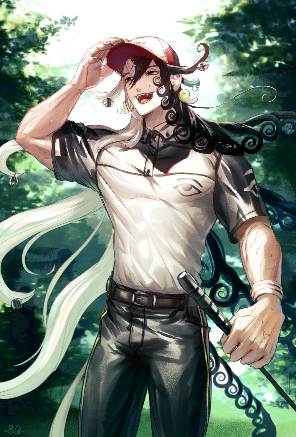 1boy ashiya_douman_(fate) asymmetrical_hair ayamatazu bell black_eyes black_hair curly_hair earrings eyeshadow fangs fate/grand_order fate_(series) feet_out_of_frame fingernails golf golf_club green_eyeshadow green_lips hair_bell hair_between_eyes hair_intakes hair_ornament hat heterochromia highres holding holding_golf_club jewelry long_hair looking_to_the_side magatama magatama_earrings makeup male_focus multicolored_hair official_alternate_costume open_mouth red_eyes red_headwear sharp_fingernails shirt solo sweat t-shirt toned toned_male two-tone_hair very_long_fingernails very_long_hair white_hair