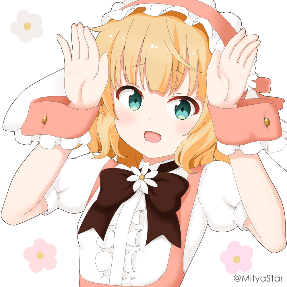 1girl :d arms_up bangs black_bow blonde_hair blush bow center_frills eyebrows_visible_through_hair fleur_de_lapin_uniform floral_background flower frilled_hairband frills gochuumon_wa_usagi_desu_ka? green_eyes hairband kirima_syaro looking_at_viewer mitya pink_hairband puffy_short_sleeves puffy_sleeves shirt short_sleeves simple_background smile solo twitter_username uniform upper_body waitress white_background white_flower white_shirt wrist_cuffs