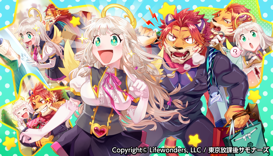 +_+ 1boy 1girl ? angel animal_ears bag blue_background blush bow check_commentary clothes clothes_hanger collared_shirt commentary_request fangs fangs_out frilled_gloves frills furry furry_male gabriel_(housamo) gloves gradient gradient_background gradient_hair green_background green_eyes halo heart large_pectorals long_hair looking_at_another multicolored_hair multiple_views muscular muscular_male nomad_(housamo) official_art open_mouth pectorals polka_dot polka_dot_background red_eyes red_scarf redhead ribbon scarf shirt shopping_bag short_hair silver_hair smile sparkle star_(symbol) sumi_wo_hakuneko sweatdrop tail tiger_boy tiger_ears tiger_stripes tiger_tail tokyo_afterschool_summoners whiskers yawning