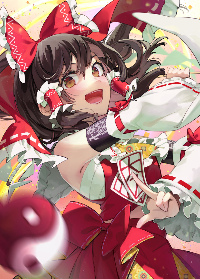 1girl abstract_background ascot back_bow bare_shoulders black_hair blush bow brown_eyes chest_sarashi commentary_request detached_sleeves duplicate floral_print frilled_ascot frilled_bow frilled_sleeves frills gohei hair_between_eyes hair_bow hair_tubes hakurei_reimu holding japanese_clothes long_hair midriff_peek nontraditional_miko ofuda open_mouth orb pixel-perfect_duplicate red_bow red_skirt ribbon-trimmed_sleeves ribbon_trim sarashi sidelocks skirt smile solo syuri22 touhou white_sleeves wide_sleeves yellow_ascot yin_yang yin_yang_orb