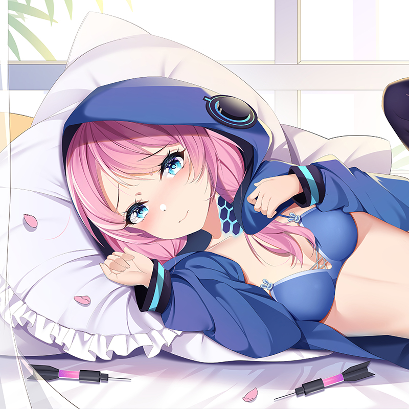 1girl arknights blue_bra blue_eyes blue_jacket blue_poison_(arknights) blush bra breasts cirnos dart eyebrows_visible_through_hair female hands_up hood hood_up jacket looking_at_viewer low_twintails lying on_bed on_side open_clothes open_jacket petals pillow pink_hair scales small_breasts smile solo twintails underwear upper_body