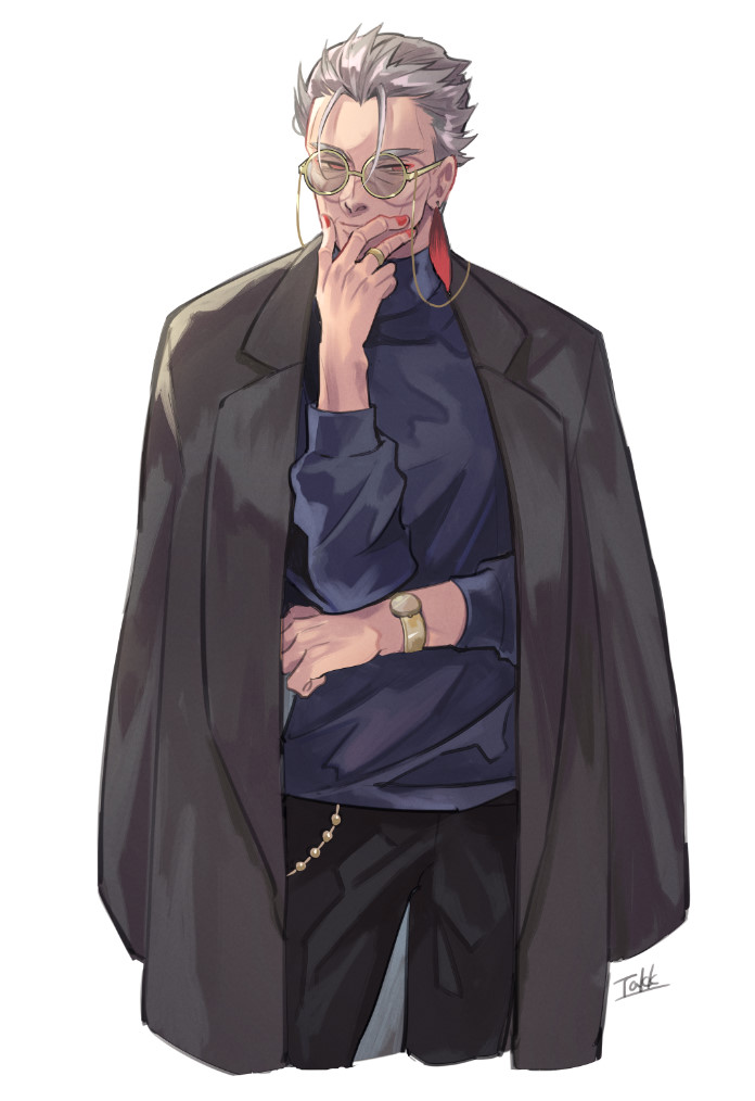 1boy artist_name coat earrings eyeshadow fate/grand_order fate/type_redline fate_(series) feet_out_of_frame glasses hair_slicked_back hand_on_own_face jacket jacket_on_shoulders jewelry koha-ace li_shuwen_(old)_(fate) long_sleeves looking_at_viewer makeup male_focus old old_man red_eyeshadow red_nails ring round_eyewear short_hair signature simple_background solo takku_(takk25) watch watch white_background white_hair