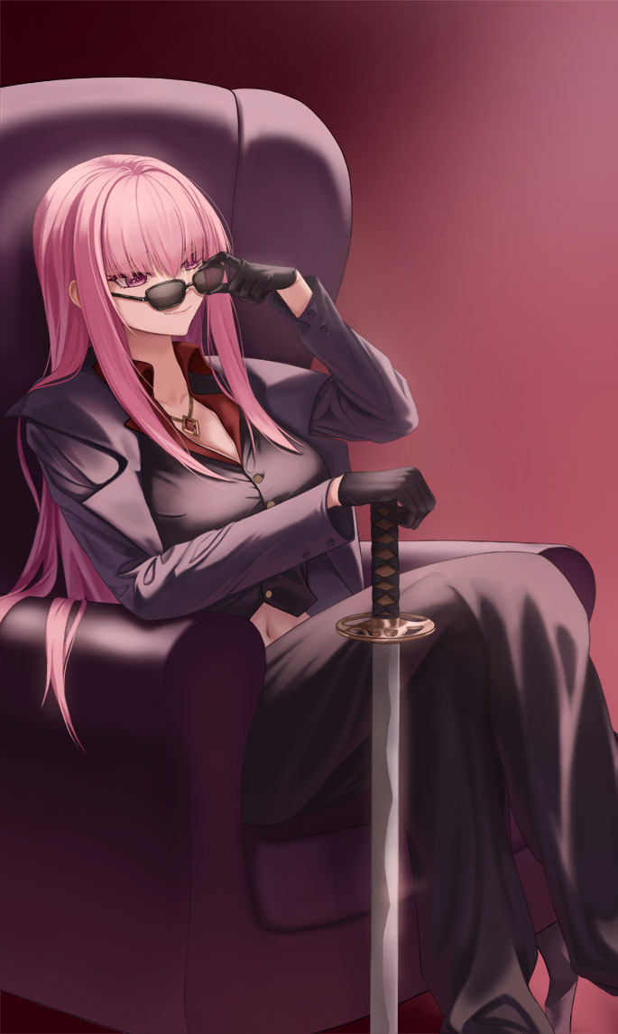 armchair bangs black_gloves black_vest blazer blunt_bangs blunt_ends chair collar collared_shirt collared_vest dress_pants easy_chair gloves hand_on_eyewear hime_cut hololive hololive_english jacket jewelry katana long_hair mori_calliope muwon open_collar pale_skin pendant pink_hair rectangular_eyewear red_background red_collar red_eyes shirt sidelocks smile sunglasses sword vest waistcoat weapon