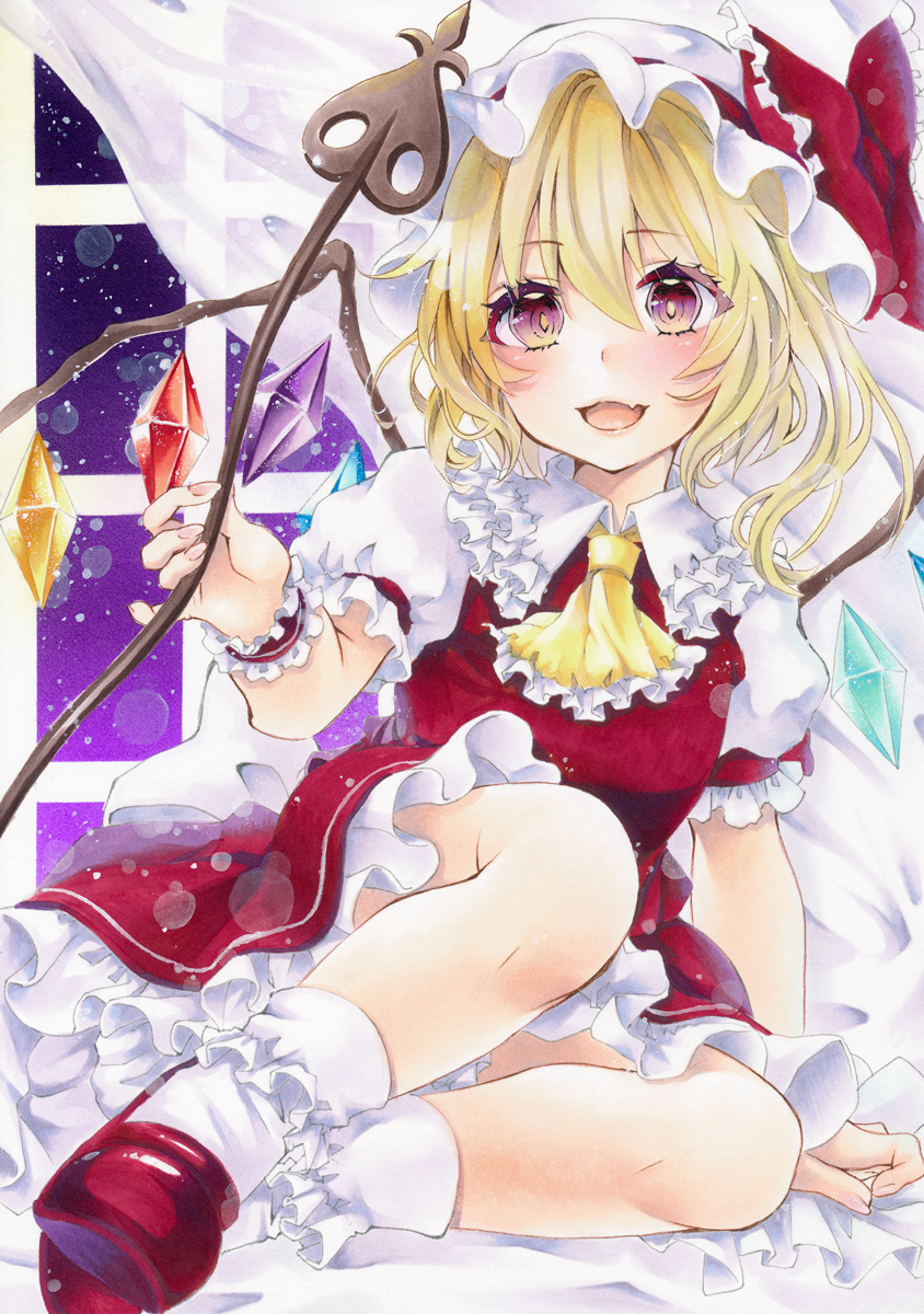 1girl :d alternate_eye_color arm_support ascot bangs blurry blush bobby_socks bokeh bow breasts bright_pupils crystal curtains depth_of_field eyebrows_visible_through_hair fang fingernails flandre_scarlet frilled_shirt_collar frills hair_between_eyes hand_up hat hat_bow highres holding holding_polearm holding_weapon indoors laevatein_(touhou) looking_at_viewer medium_hair mimi_(mini1474) mob_cap on_bed one_side_up open_mouth petticoat polearm puffy_short_sleeves puffy_sleeves red_bow red_footwear red_skirt red_vest see-through short_sleeves sitting skin_fang skirt small_breasts smile socks solo tongue touhou vest violet_eyes weapon white_headwear white_legwear window wings wrist_cuffs yellow_ascot yokozuwari