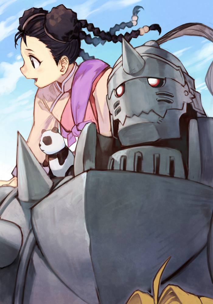 1girl 2boys ahoge alphonse_elric animal animal_on_shoulder armor black_hair blonde_hair blue_sky braid brothers chinese_clothes double_bun edward_elric full_armor fullmetal_alchemist glowing glowing_eyes hankuri horns looking_to_the_side may_chang multiple_boys on_shoulder out_of_frame panda siblings single_horn sitting sitting_on_person sitting_on_shoulder sky spikes xiao-mei