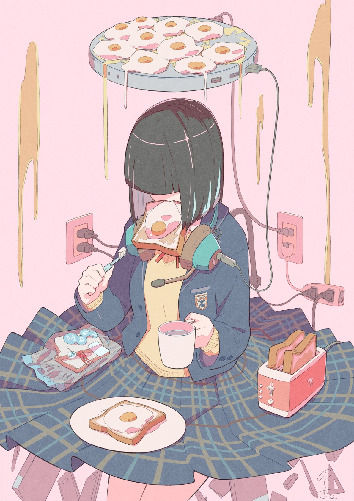 1girl bag black_hair blunt_bangs book bread_slice commentary_request cup eraser food food_in_mouth fried_egg fried_egg_on_toast grease green_skirt hair_over_eyes headphones headphones_around_neck highres holding holding_cup holding_toothbrush medium_hair mouth_hold norikoi original pen pink_background plaid plaid_skirt plastic_bag plate pleated_skirt plug protractor school_uniform skirt solo toast toast_in_mouth toaster toothbrush