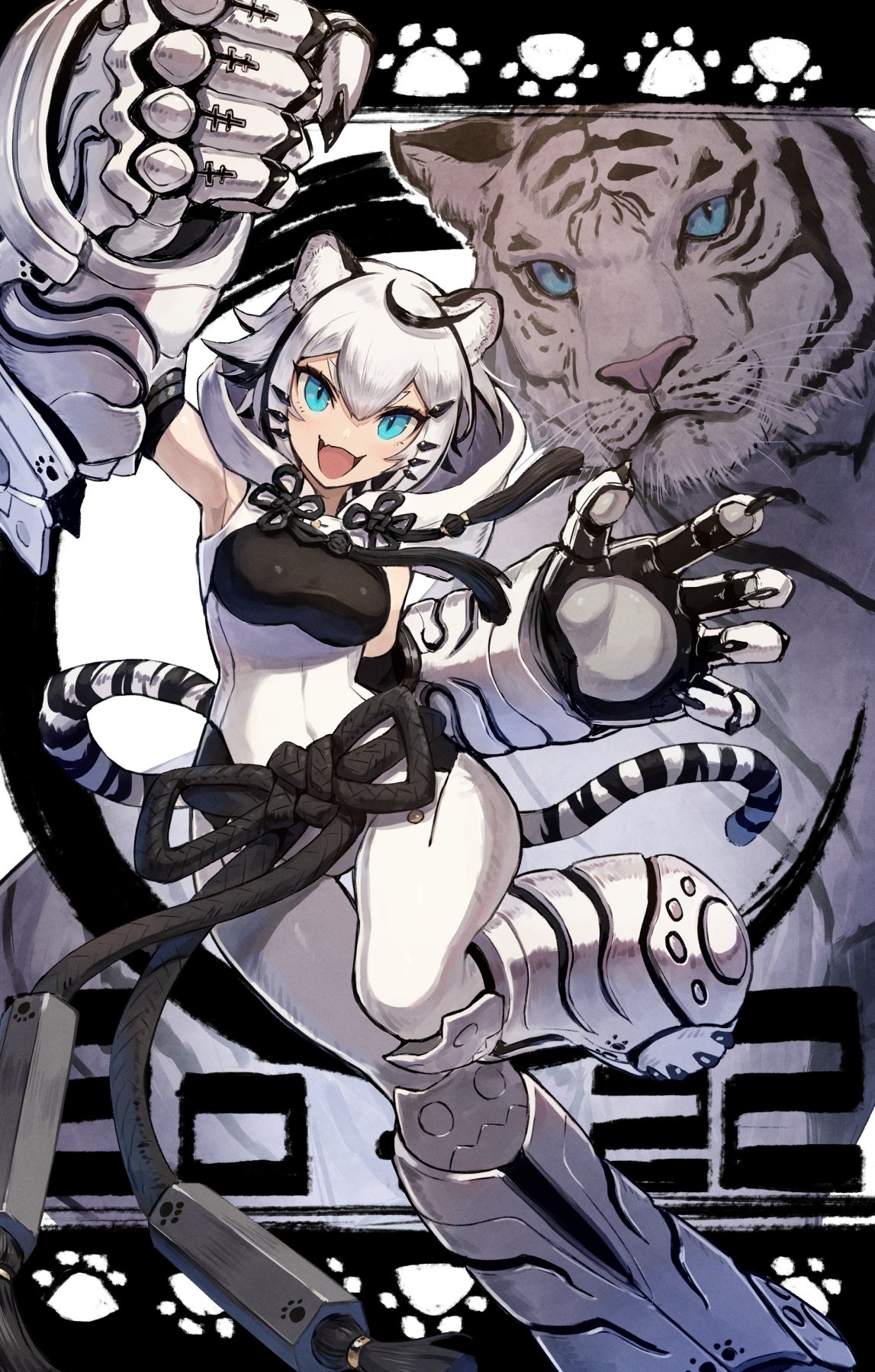 1girl 2022 ahoge animal_ears armor armpits bare_shoulders black_hair blue_eyes breasts chinese_zodiac clawed_gauntlets commentary dated fang hair_between_eyes highres hood kuroi_susumu looking_at_viewer medium_breasts multicolored_hair open_mouth original paw_print short_hair skin_fang slit_pupils solo streaked_hair tail tiger tiger_ears tiger_girl tiger_tail tongue white_hair white_tiger year_of_the_tiger