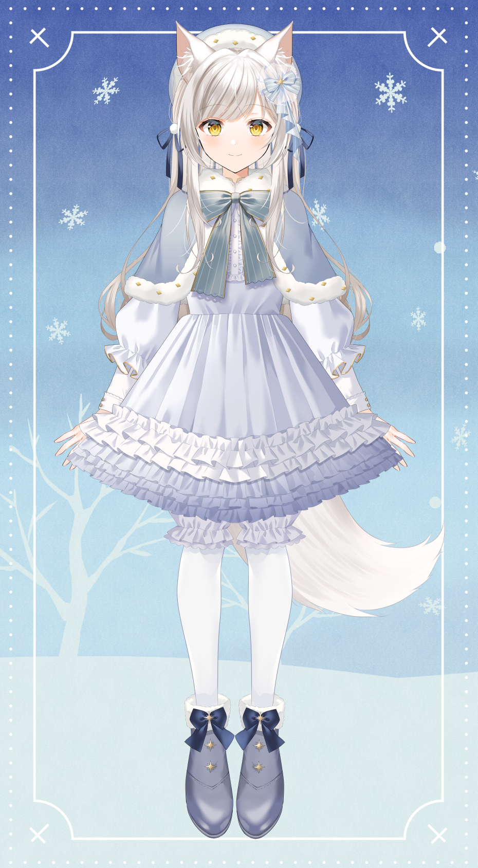 1girl animal_ear_fluff animal_ears bangs beret capelet center_frills closed_mouth commentary_request eyebrows_visible_through_hair fox_ears fox_girl fox_tail frilled_legwear frilled_skirt frills full_body fur-trimmed_capelet fur-trimmed_headwear fur_trim grey_capelet grey_footwear grey_hair grey_headwear grey_skirt hat hazakura_konoha highres indie_virtual_youtuber kneehighs long_hair long_sleeves looking_at_viewer myusha original puffy_long_sleeves puffy_sleeves shirt shoes skirt smile snowflake_background solo standing tail very_long_hair virtual_youtuber white_legwear white_shirt yellow_eyes