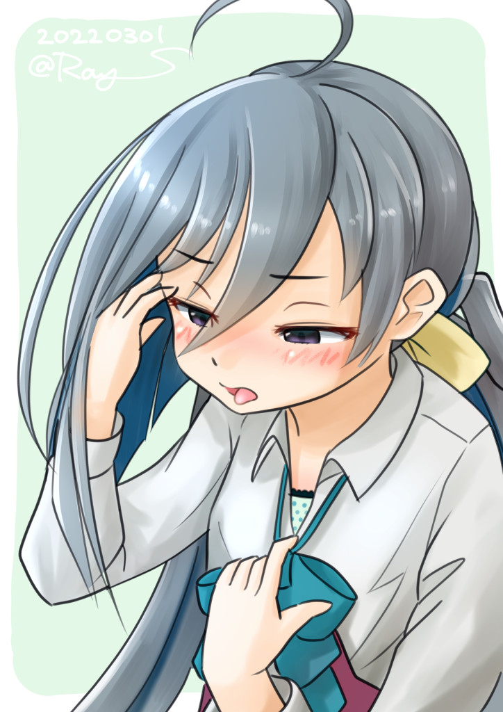 1girl ahoge aqua_bow aqua_bowtie bow bowtie commentary_request dated grey_eyes grey_hair grey_legwear hair_between_eyes hair_bun hair_ribbon halterneck kantai_collection kiyoshimo_(kancolle) long_hair low_twintails one-hour_drawing_challenge pulling ray.s ribbon school_uniform shirt simple_background solo tongue tongue_out twintails twitter_username upper_body white_background white_shirt yellow_ribbon