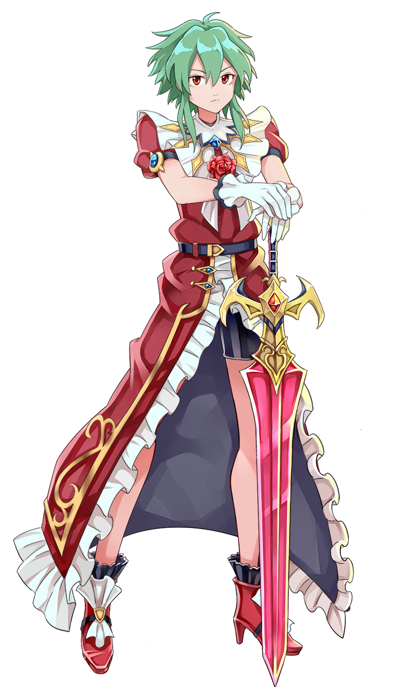 1girl asellus_(saga_frontier) closed_mouth dress flower full_body gloves green_hair high_heels highres looking_at_viewer okken red_eyes red_flower red_rose romancing_saga_re;universe rose saga saga_frontier short_hair simple_background solo sword weapon white_background