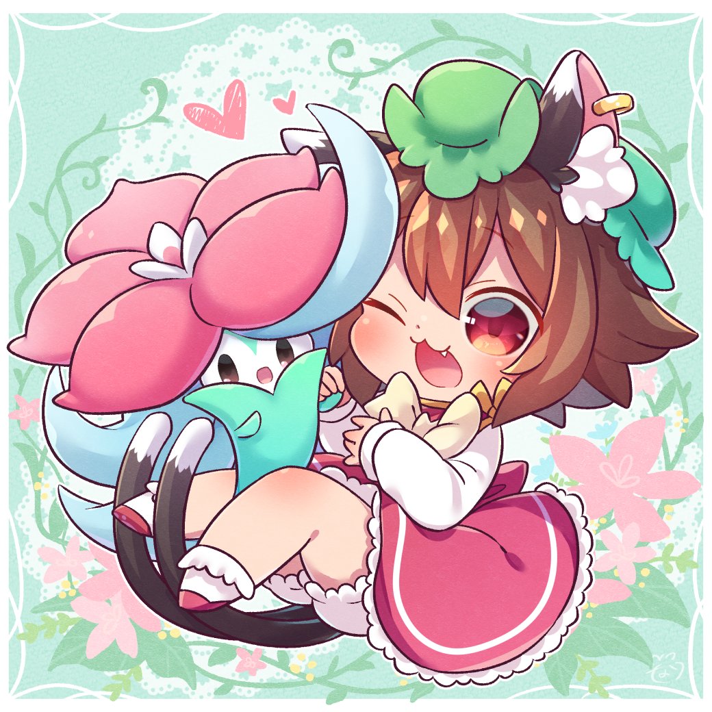 1girl ;3 ;d \||/ animal_ear_fluff animal_ears bangs bloomers border bow bowtie brown_hair cat_ears cat_tail chen chibi dress earrings eyebrows_visible_through_hair fang full_body gossifleur green_headwear happy heart ibaraki_natou jewelry long_sleeves looking_at_another multiple_tails nekomata one_eye_closed open_mouth outside_border pokemon red_dress red_eyes single_earring smile solo tail touhou two_tails underwear white_border white_bow white_bowtie