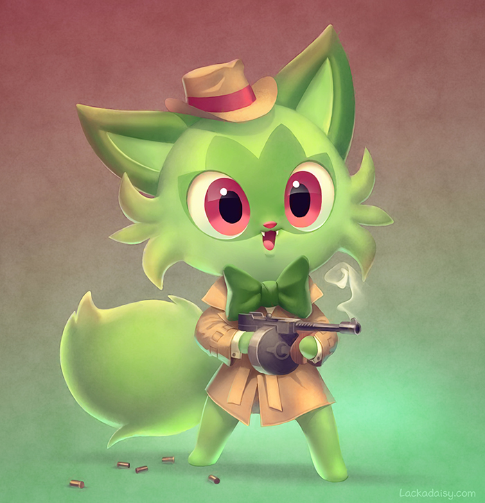 1other :3 animal_ears animal_nose barefoot body_fur bow bowtie brown_coat brown_headwear cat_ears chibi coat commentary drum_magazine english_commentary fangs fedora fox_tail full_body furry gen_9_pokemon gradient gradient_background green_background green_bow green_bowtie green_fur gun happy hat holding holding_gun holding_weapon legs_apart long_sleeves magazine_(weapon) open_mouth other_focus pokemon pokemon_(creature) pokemon_sv red_background red_eyes shell_casing shirt simple_background smile smoke smoking_gun solo sprigatito standing submachine_gun tail thompson_submachine_gun tracy_butler trench_coat two-tone_background two-tone_fur watermark weapon web_address white_shirt