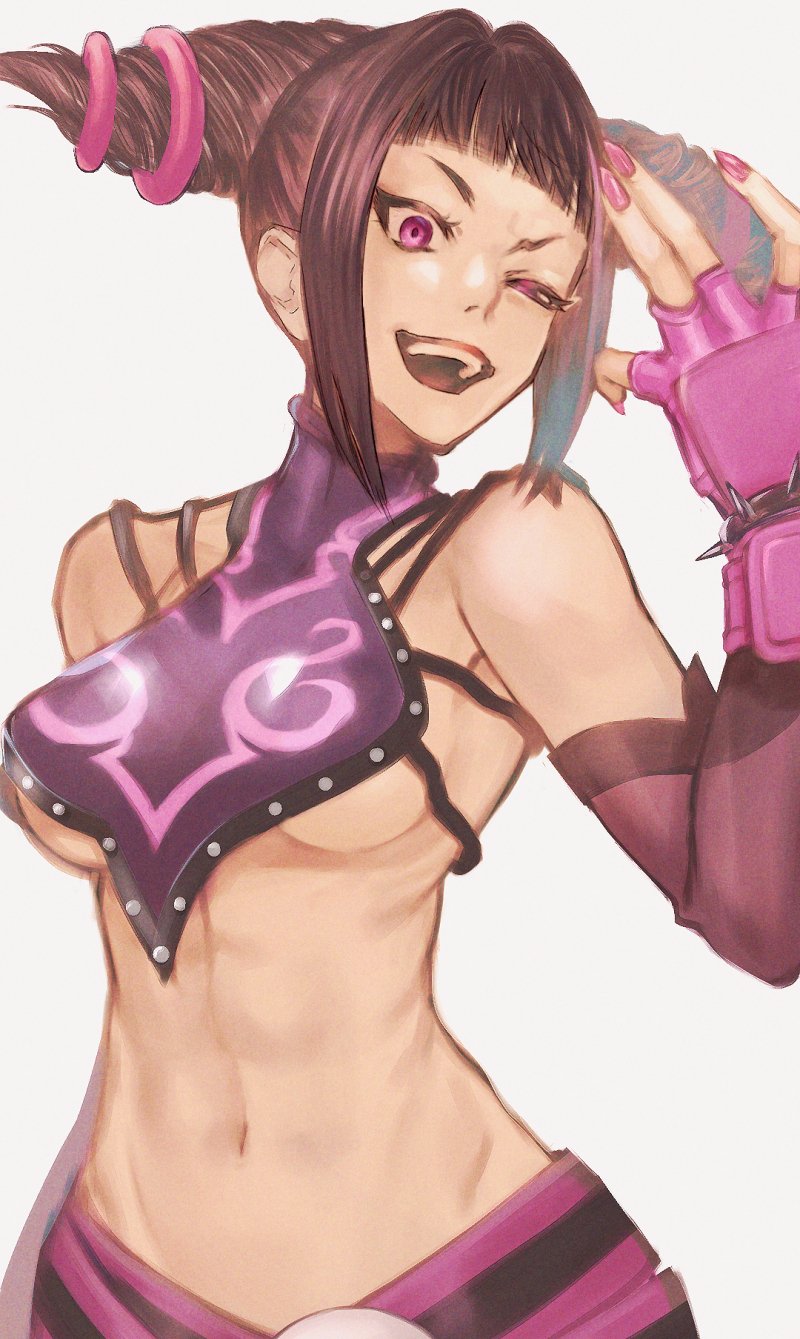 1girl abs bracelet breasts capcom detached_sleeves drill_hair fingerless_gloves gloves halter_top halterneck han_juri highres hitsuji_kusa jewelry looking_at_viewer navel one_eye_closed open_mouth pink_eyes pink_nails solo spiked_bracelet spikes street_fighter street_fighter_iv_(series) twin_drills under_boob white_background