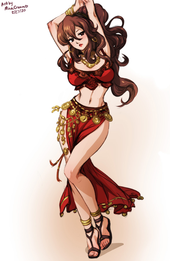 1girl bangs blush bracelet breasts brown_hair dancer jewelry long_hair looking_at_viewer mina_cream mole mole_under_mouth navel necklace octopath_traveler ponytail primrose_azelhart simple_background smile solo