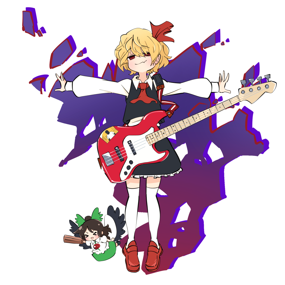 &gt;_&lt; 2girls arm_cannon ascot bangs bird_wings black_skirt black_vest black_wings blonde_hair blush bow brown_hair cape closed_mouth collared_shirt commentary control_rod cookie_(touhou) dual_persona electric_guitar eyebrows_visible_through_hair fang frilled_skirt frills full_body gram_9 green_bow green_skirt guitar hair_bow hair_ribbon instrument long_hair looking_at_viewer manatsu_no_yo_no_inmu multiple_girls nadeko_(cookie) open_mouth outstretched_arms over-kneehighs red_ascot red_eyes red_footwear red_ribbon reiuji_utsuho ribbon rumia shirt shoes short_hair short_sleeves skin_fang skirt smile spread_arms sticker thigh-highs third_eye touhou vest weapon white_background white_cape white_legwear white_shirt wings