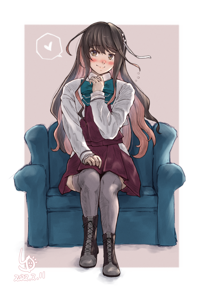 1girl aqua_bow aqua_bowtie artist_logo black_hair blazer boots bow bowtie collared_shirt commentary_request couch cross-laced_footwear dated full_body grey_legwear hair_down hairband halterneck highres jacket kantai_collection lace-up_boots ld_(luna_dial398) long_hair looking_at_viewer multicolored_hair naganami_(kancolle) naganami_kai_ni_(kancolle) shirt sitting smile solo thigh-highs two-tone_hair wavy_hair white_hairband