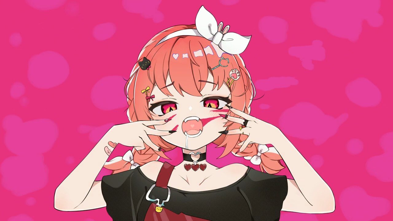 1girl animal animal_(vocaloid) bangs braid cat_hair_ornament eyebrows_visible_through_hair hair_ornament heart_ring heart_ring_choker hibiki_duca miyu_aaki multicolored_nails nijigen_project open_mouth paw_hair_ornament pink_background pink_eyes pink_hair saliva second-party_source solo virtual_youtuber vocaloid