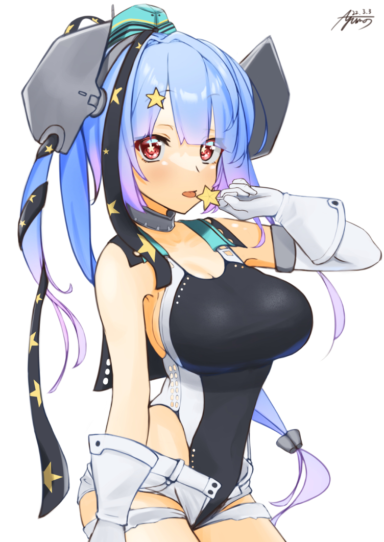 1girl aqua_headwear ayuman black_swimsuit blue_hair blush breasts candy competition_swimsuit cosplay cowboy_shot eyebrows_visible_through_hair food garrison_cap gloves hair_ornament hat headgear highleg highleg_swimsuit holding holding_candy holding_food i-19_(kancolle) kantai_collection large_breasts long_hair one-piece_swimsuit red_eyes scamp_(kancolle) scamp_(kancolle)_(cosplay) short_shorts shorts side_ponytail simple_background solo star_(symbol) star_hair_ornament swimsuit tongue tongue_out white_background white_gloves white_shorts