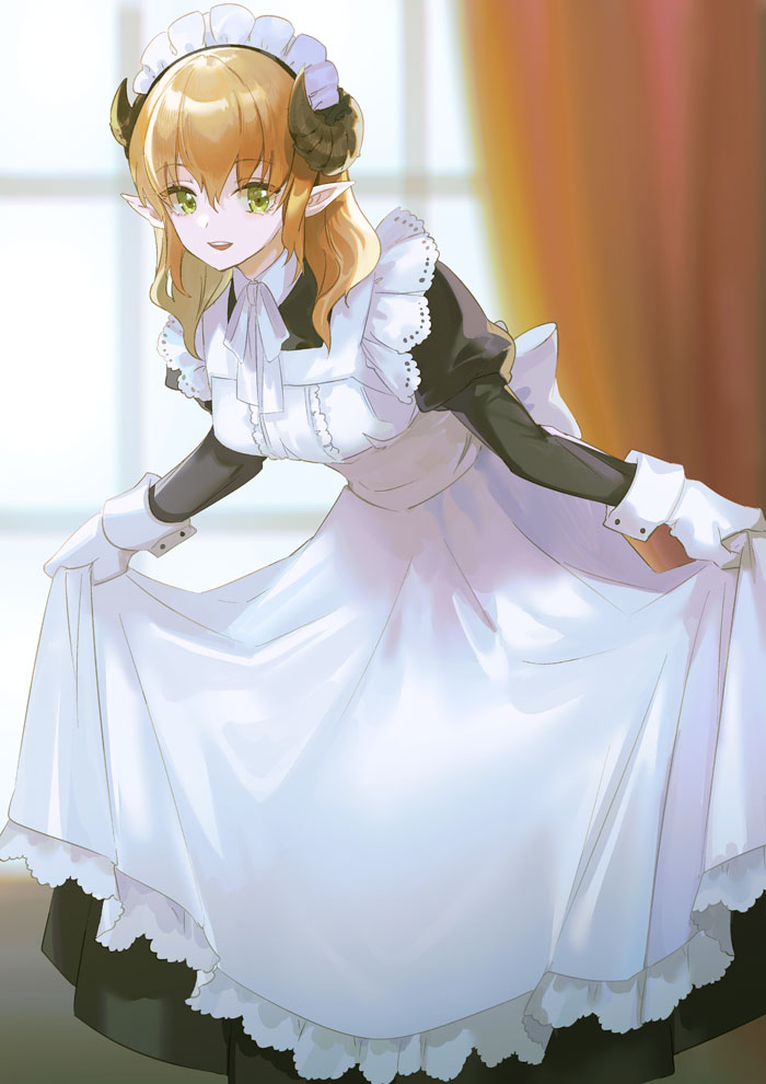 1girl apron back_bow bangs black_dress bow bowing breasts bridal_gauntlets commentary curled_horns curtains curtsey dress feet_out_of_frame gloves green_eyes hairband horns japanese_clothes juliet_sleeves kimono lace-trimmed_apron lace_trim leaning_forward long_dress long_sleeves looking_at_viewer maid maid_apron maid_headdress neck_ribbon noki_(affabile) original pointy_ears puffy_sleeves ribbon skirt_hold smile solo standing white_apron white_gloves white_ribbon window
